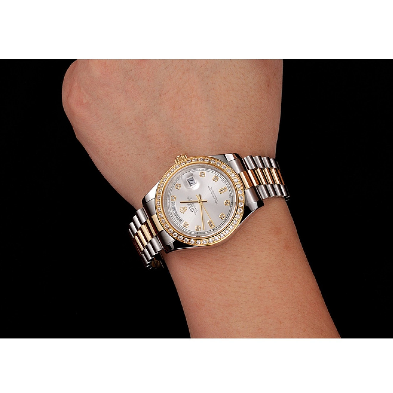 Rolex copies cheap Gold Dial Day-Date Tone Rolex 1453972 Case Diamond White Bracelet Two Steel Swiss Stainless 0529
